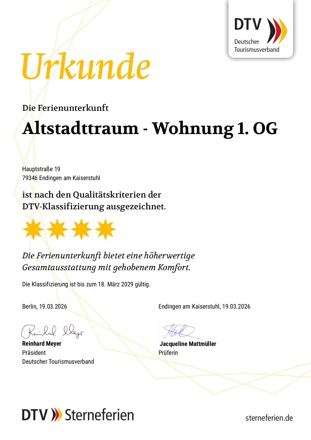 Urkunde DTV Klassifizierung Wohnung 1